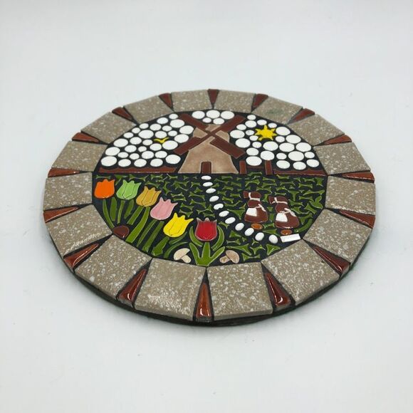 Vintage Mosaic Brown Ceramic Tile Art Trivet Round Windmill Country Farm House - Picture 4 of 8